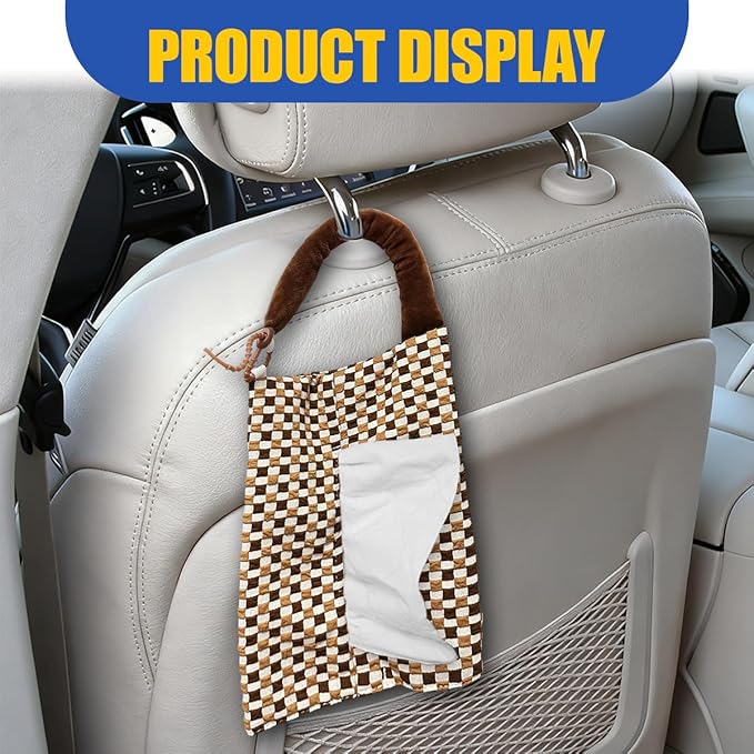 Car Tissue Holder, Checkered Pattern Car Backseat Napkin Holder, Rectangular Canvas Hanging Auto Tissues Box, Universal Vehicle Storage Organizer Accessory for Phone, Small Items (Coffee)