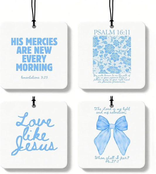 Blue Christian Car Air Freshener 4 Pcs, Girly Blue Bow Floral Religious Hanging Air Freshener for Cars Closet Drawer Books, Cute Preppy Christian Car Accessories Mirror Decor for Women