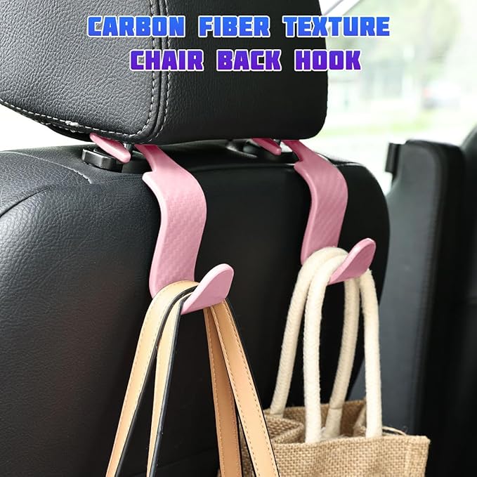 Car Seat Headrest Hooks, 4PCS Carbon Fiber Vehicle Back Seat Storage Hanger Holder for Hangbag Coat Grocery, Automotive Interior Headrest Hook Organizer, Universal for Vehicles (Pink)