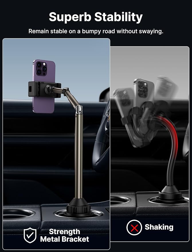 JSAUX Car Cup Holder Cellphone Mount, Metal Long-Arm Ultra Stable Phone Holder for Car Cupholders - Adjustable for iPhone 16 15 Pro Max 13 12 11, Samsung Galaxy S24 S23 Ultra, Google Pixel 9 Pro