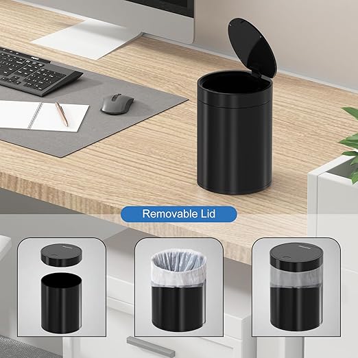 Mini Trash Can for Desk with Pop Up Lid,1.5L Metal Tiny Trash Can for Desk, 0.4 Gal Stainless Steel mini Desk Trash can with Lid，Small Counter Garbage Bin with 1 Roll Bags for Bathroom,Office(Black)