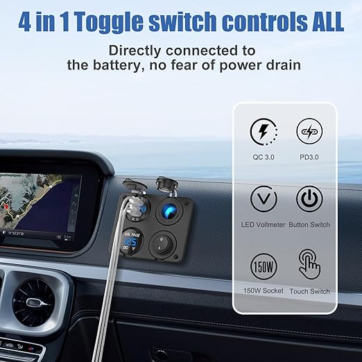 12 Volt USB Outlet RV Accessory 12V Marine Switch Panel, Dual PD30W and QC18W Car USB Port Aluminum Charger, Lighted 150W Cigarette Lighter Socket, Blue LED Voltmeter and Rocker Switch, 4 IN 1 DIY Kit