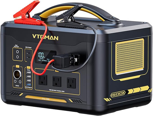 VTOMAN Jump 1500X Portable Power Station with Jumper Cables, 828Wh LiFePO4 Battery Solar Generator & Car Jump Starter, 1500W AC Outlet, 100W PD Type-C&Regulated DC for Home Backup Roadside Emergencies