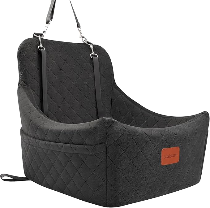 Lealchum Dog Car Seat for Medium Dogs Up to 40lbs,Fully Detachable and Washable,Memory Foam Covered Soft Fabric,Easy to Install with Adjustable Straps,Anti-Slip Base,Two Side Pockets(Black,Medium)