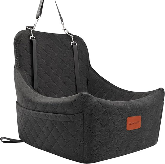 Lealchum Dog Car Seat for Medium Dogs Up to 40lbs,Fully Detachable and Washable,Memory Foam Covered Soft Fabric,Easy to Install with Adjustable Straps,Anti-Slip Base,Two Side Pockets(Black,Medium)