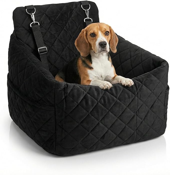 Elevated Dog Car Seat for Small/Medium Dogs up to 35 lbs, Memory Foam Pet Booster Seat with Detachable Washable Cover, Portable Travel-Safe Bed for Cars with Safety Belts and Storage Pockets