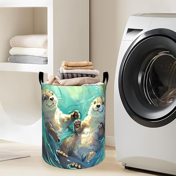 Playful Otters Floating in Water Laundry Basket with Handles, 19.7"x15.7" Clothes Foldable Laundry Hamper Organizer for Dorm Nursery Bedroom Bathroom Decor, Toy Storage Bin for Kids