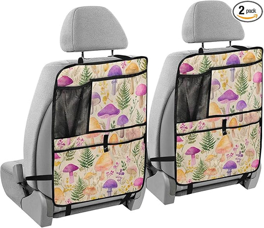2 Pack Back Seat Car Organizer with Storage Pockets Kick Mats Back Seat Protector Hanging Car Organizer Automotive Seat Back Cover Organizers Mushroom Colorful Pattern