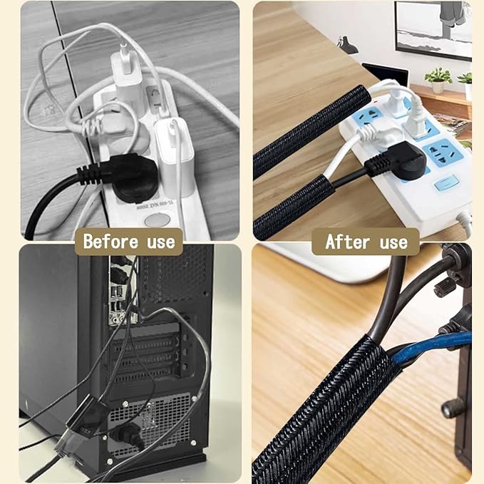 13 1/8ft -1/2 Inch Cord Management Sleeve Braided Split Black Cable Protectors Pet Proof - Braided Self-Wrapping Wire Loom Tube for Desk PC/TV/Computer/Projector/Home Theater/Engine Bay