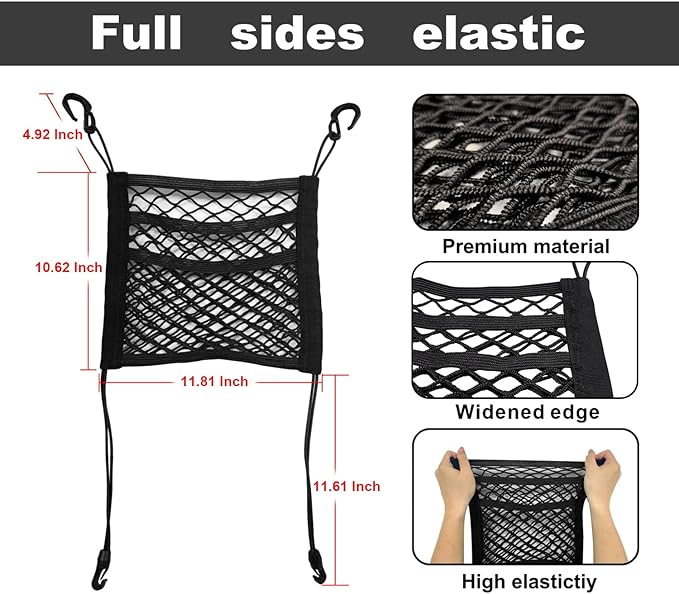 3-Layer Car Mesh Organizer Between Front Seats, 11.8 x 10.6 Inch Car Net Kid Pet Dog Net Barrier with Elastic Storage Pockets for Purses, Tissues, Fits SUV and Van
