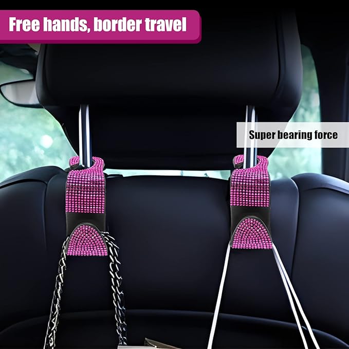 OSIFIT 2PCS Car Seat Hooks, Bling Car Rhinestone Headrest Hooks, Universal Bling Car Interior Accessories, for Handbag, Clothes, Purse, Water Bottle (Pink)