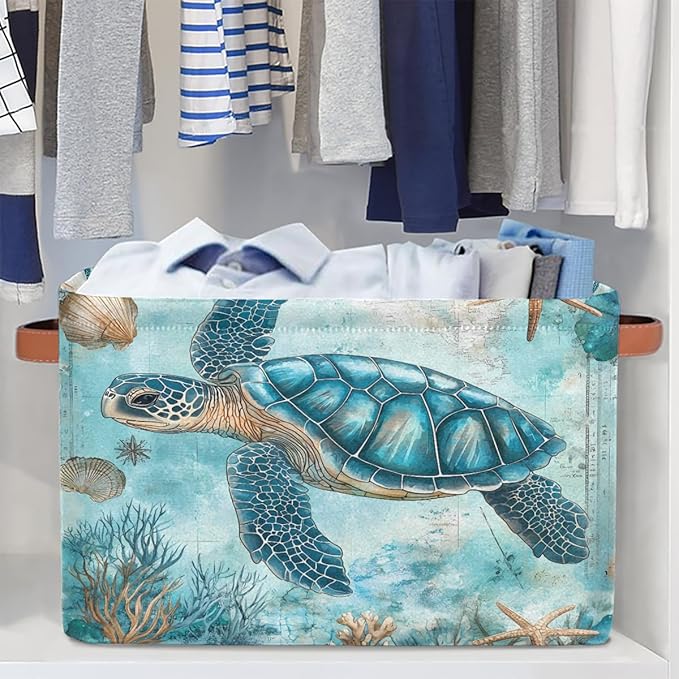 Turquoise Turtle Storage Baskets for Organizing, Fabric Collapsible Storage Bins Box Ocean Seashell Decorative Toy Organizer Baskets for Closet Shelves Gift Basket 1 Pc