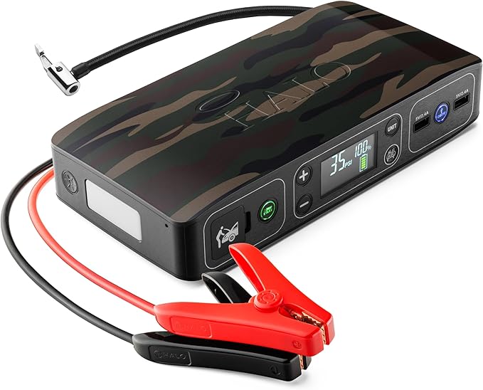 HALO Bolt Air 58830 Portable Car Battery Jump Starter | 100 PSI Air Compressor, 58.8Wh USB Power Bank, Emergency Floodlight & Charger, Jumps Cars SUVs & Trucks, Inflates Tires, TSA Approved — Camo