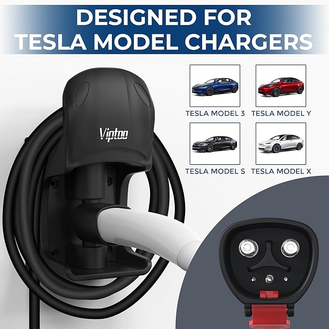 VIPTOO Tesla Charger Wall Mount Holder, Charging Cable Organizer with 180° Rotation for Model 3/Y/S/X, Unique Sports Car Design