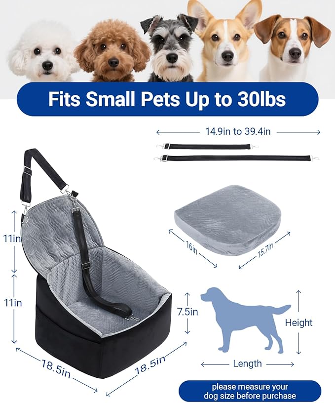 NUPIDA Dog Car Seat for Small Dogs, Dog Booster Seat with Extendable Backrest, Pet Car Seats up to 30 lbs, Washable Removable Cover Travel Bed with Storage Pockets and 2 Safety Leashes, Black&Grey