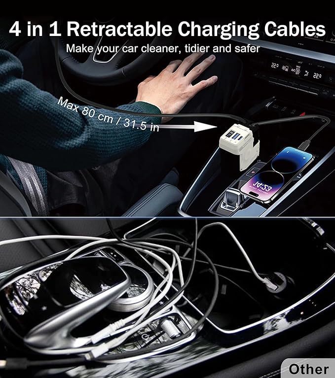 Retractable Car Charger, 4 in 1 Retractable Phone Charger with 66W Fast Charging, 2 Retractable Cables and 2 USB-C USB-A Port Compatible with iPhone 16/15/14/13/12/11, Samsung,Galaxy,Pixel (White)