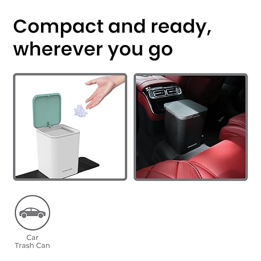 Ninestars Mini Car Trash Can with Press Lid, 3L / 0.79 Gallon Small Garbage Bin, Foldable Leak-Resistant Design with Weighted Non-Slip Base for Car Floor & Center Console (White & Green)