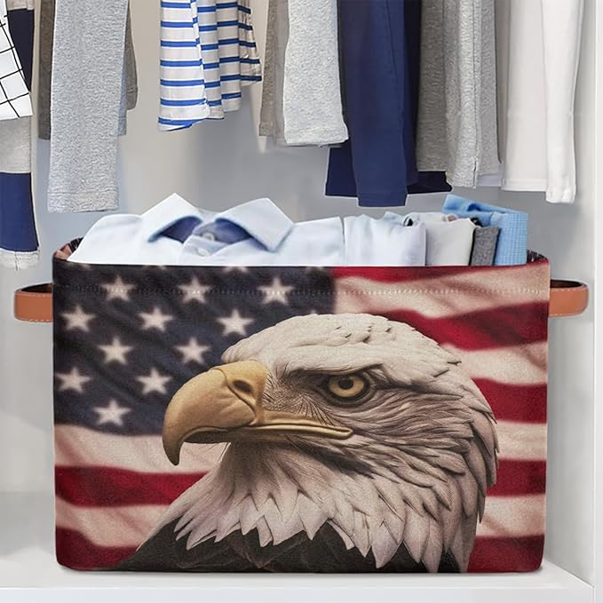 Retro American Flag Patriotic Storage Baskets for Organizing, Fabric Collapsible Storage Bins Box Bald Eagle Decorative Toy Organizer Baskets for Closet Shelves Gift Basket 1 Pc