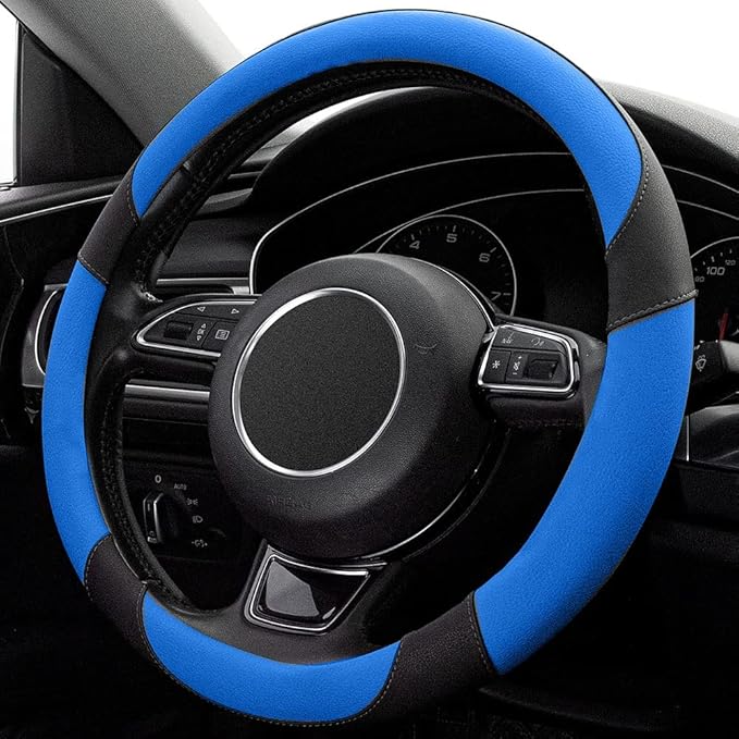 Xizopucy Black and Blue Microfiber Leather Steering Wheel Cover，Universal 15 inch Steering Wheel Covers for Car Truck SUV，Breathable, Anti Slip & Odor Free(Black+Blue)…