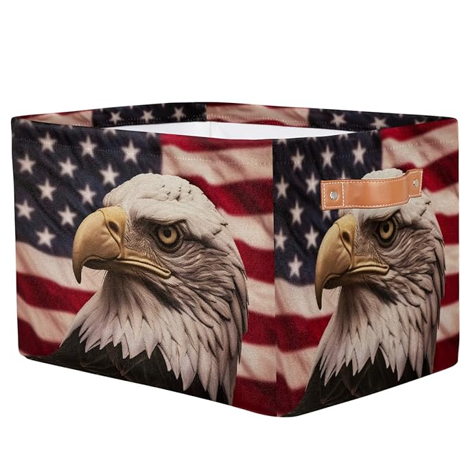 Retro American Flag Patriotic Storage Baskets for Organizing, Fabric Collapsible Storage Bins Box Bald Eagle Decorative Toy Organizer Baskets for Closet Shelves Gift Basket 1 Pc