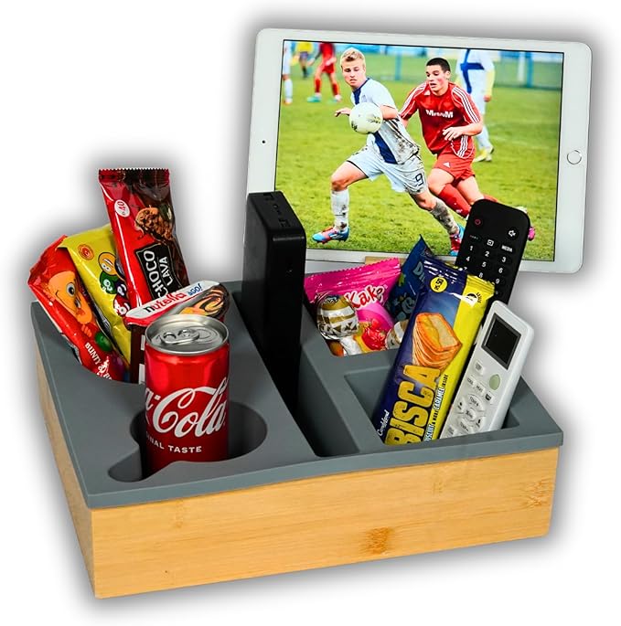 Couch Cup Holder Tray, Versatile Silicone Bamboo Caddy With Adjustable Phone Holder for Bed, Car Seat Organizer and Sofa Waterproof Anti-spill Cup Holder for Snack,Remotes and Drinks (Grey)