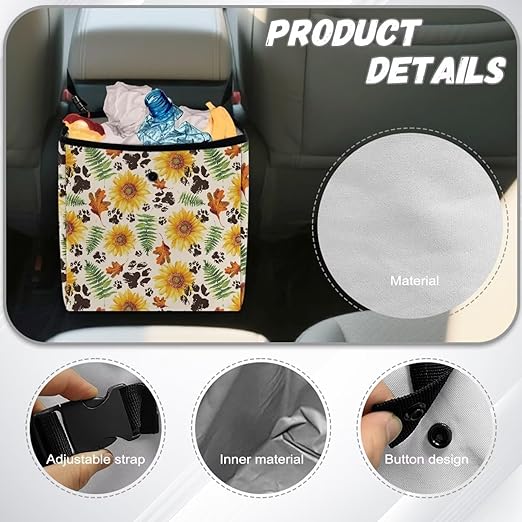 Sunflower Maple Leaf Paws Print Car Trash Can Cute Leakproof Car Garbage Bag Hanging Trash Bin Automotive Garbage Cans for Back/Front Seat/Console Car Accessories