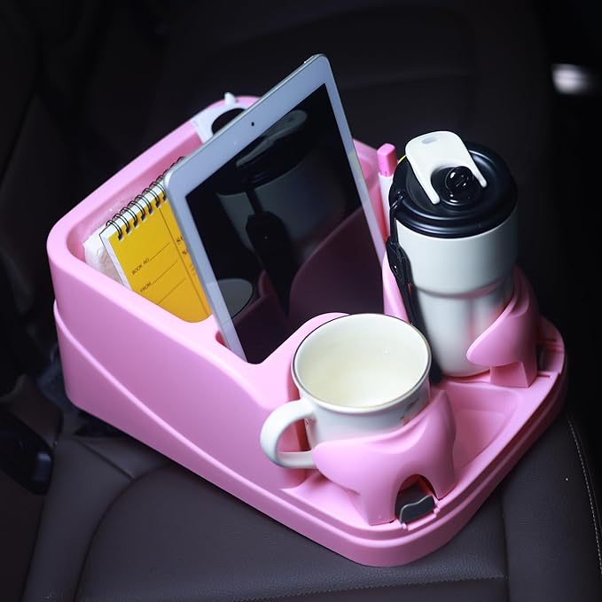Universal Center Console Organizer for Truck Bench Seat & SUV, Truck Floor Console with Expandable Cup Holders, Fits Silverado Minivan, Stable Transmission Hump Storage Box for Car Backseat (Pink)