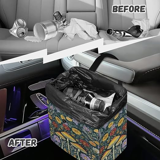 Retro Mushroom Daisy Floral Print Car Trash Bag Hanging, Garbage Bag and Water Resistant Trash Can for Car, Leakproof Trash Can for SUV Truck Car Accessories