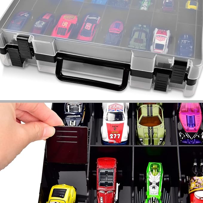 ALYCON Double Sided Toy Storage Organizer Case for Hot Wheels Car, Matchbox Cars, Mini Toys, Small Dolls. Carrying Box Container Carrier with 48 Compartments - Black (Box Only)