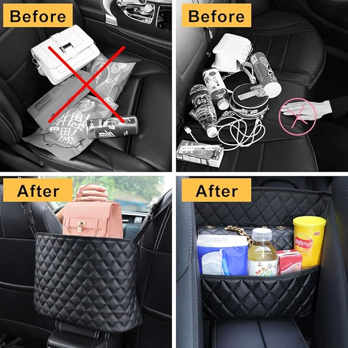 QBUC Car Handbag Holder, Leather Seat Back Organizer Mesh Large Capacity Bag Holder, Barrier of Backseat Pet Kids, Car Purse Storage & Pocket, for Purse Storage Phone
