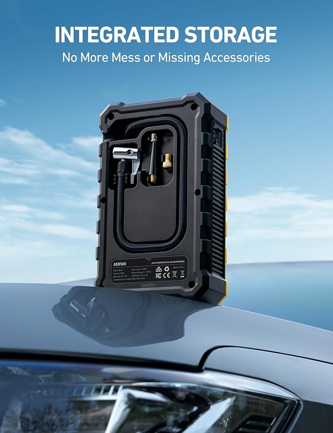 AstroAI S8 Air Jump Starter with Air Compressor,3000A Peak Car Battery Jump Starter Portable (9.0 Gas/6.5L Diesel) with 150PSI Cordless Auto-Shutoff Tire Inflator, 12V Battery Charger Booster(Yellow)