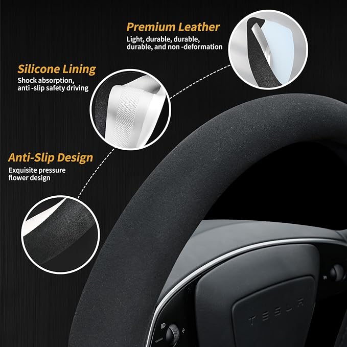 Uxcer Suede Steering Wheel Cover for Tesla Model 3/Y 2016-2025 2026 Juniper/Highland, Non-Slip Breathable Tesla Model 3/Y Steering Wheel Protector, Black