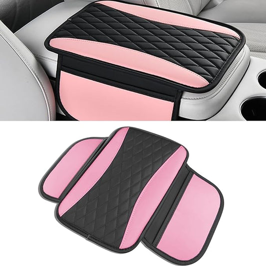 Leather Car Center Console Cover with Side Pockets, Upgraded Arm Rest Cover for Car Seat Organizer, Middle Console Cover Stylish Car Decoration, Universal for Most Vehicles (Pink)