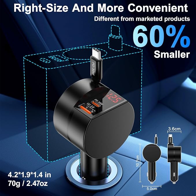 Retractable Car Charger USB C, 2-Pack 3-Port Retractable Fast USB C Car Phone Charger, 65W 3 in 1 Type C Cigarette Lighter Adapter with Retractable Cord for iPhone 17 16 15 Pro Max,Galaxy,iPad,Pixel