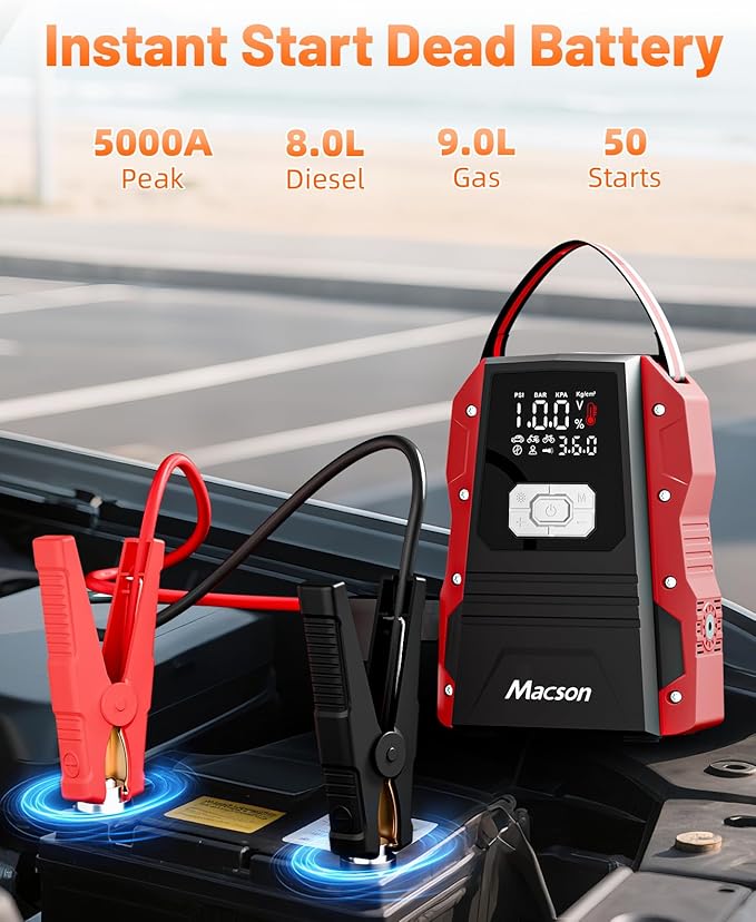 5000A Jump Starter with Air Compressor - Portable 12V Jump Box Battery Pack for 9.0L Gas/8.0L Diesel Engines, Car Jumper Starter Portable with 150PSI Tire Inflator, LED Screen, Fold-Up LED Flashlight