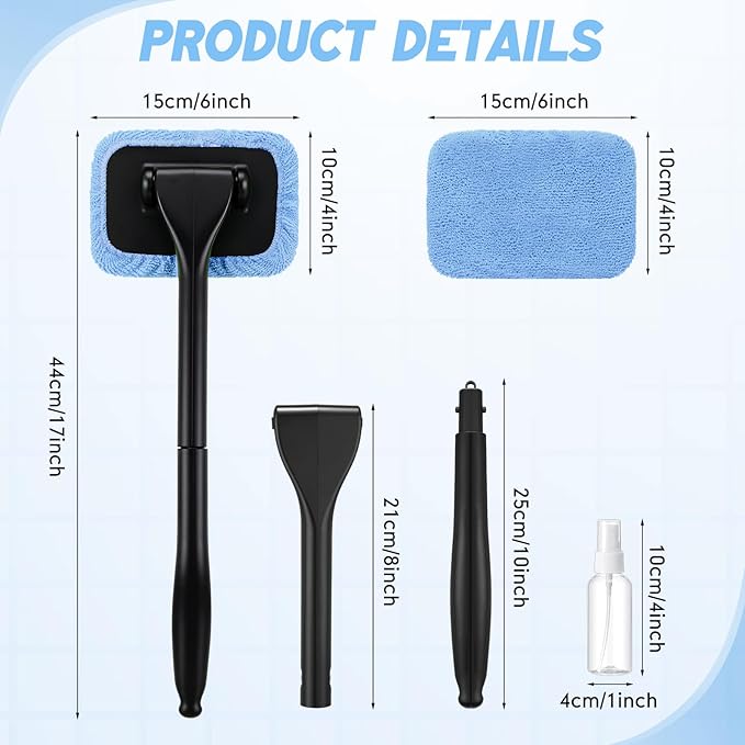 FoldTier 8 Pcs Car Windshield Cleaner Tool Kit with Removable Handle, Microfiber Towel Pads, Brush, Empty Spray Bottle for Auto Glass Wiper Suvs Rvs & Home Windows(Light Blue)