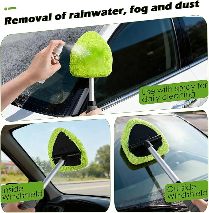 7PCS Windshield Cleaner Tool, Car Windshield Cleaner Tool+Side Mirror Squeegee +3 Microfiber Pads+100ml Spray Bottle+1 Detailing Brush,12-19inches Extendable Handle,180° Rotation