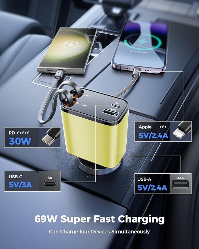 [2024 Upgraded] 4 in 1 Retractable Car Charger, SUPERONE Smaller Fast Car Phone Charger 69W with Cord, USB C and iPhone Car Charger Adapter, Compatible iPhone 17/17 Pro Max/16/15/14/13/12/11, Sumsung