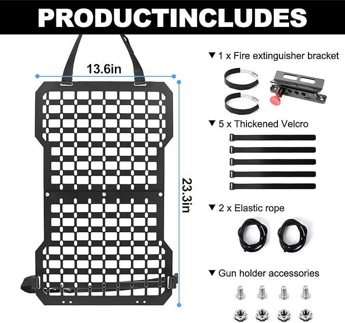 Rigid Molle Panels For Vehicles Truck Mount Rack Panel with Fire Extinguisher Mout & Hook and Loop Fasteners & Elastic Rope Tactical Seat Back Organizer Adjustable Versatile Panel