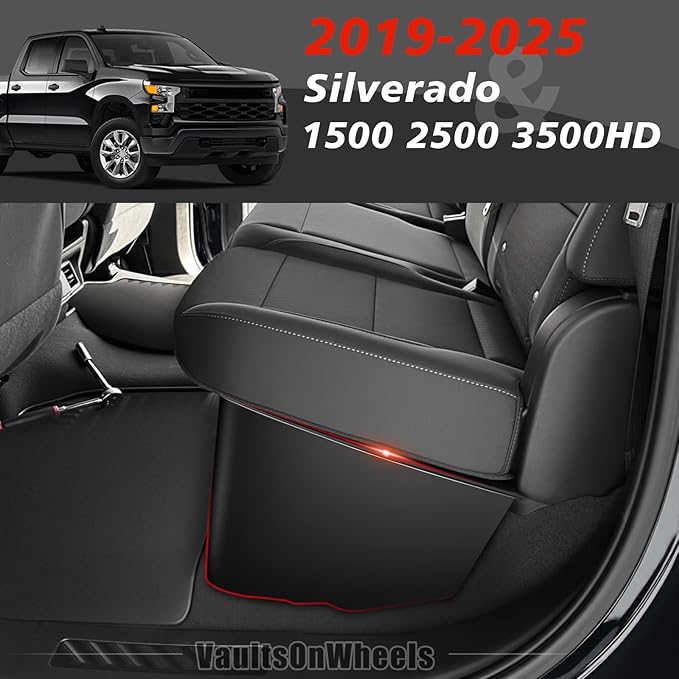VaultsOnWheels Under Seat Storage Box Fit for 2019-2026 Chevy Silverado 1500/2500/3500HD (Not for Rear Kicker Subwoofer), Console Organizer Truck Tool Box Detachable Underseat Organizer w/TPE Mats