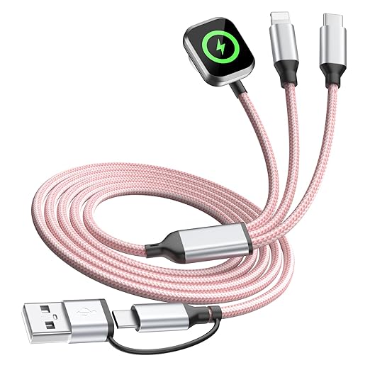 3 in 2 Multi Charging Cable for iWatch Charger/IP/USB C,Travel Cruise Essentials,Pink 1-Pack 5FT Braided USB A/C Cable Designed for Multiple Devices,Car Accessories for iWatch Ultra/SE & iPhone 17-11