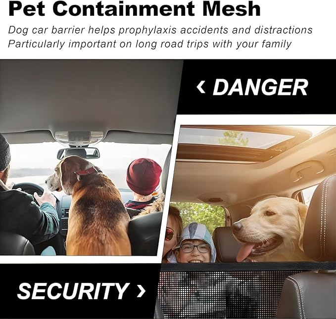 Car Dog Barrier Net Universal Dog Barrier for Car with Adjustable Ropes and Hooks One-Piece Design Mesh for Most Cars, SUVs, Pickups, Trucks and Vans (21x21 Inches)