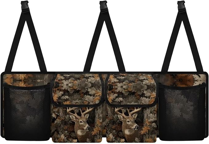 Deer Hanging Car Organizer Waterproof Collapsible Cars Storage Bag with 4 Pockets Space Saving Camo Forest Car Trunk Storage Organizer with Lid for Cars,SUV,Sedan
