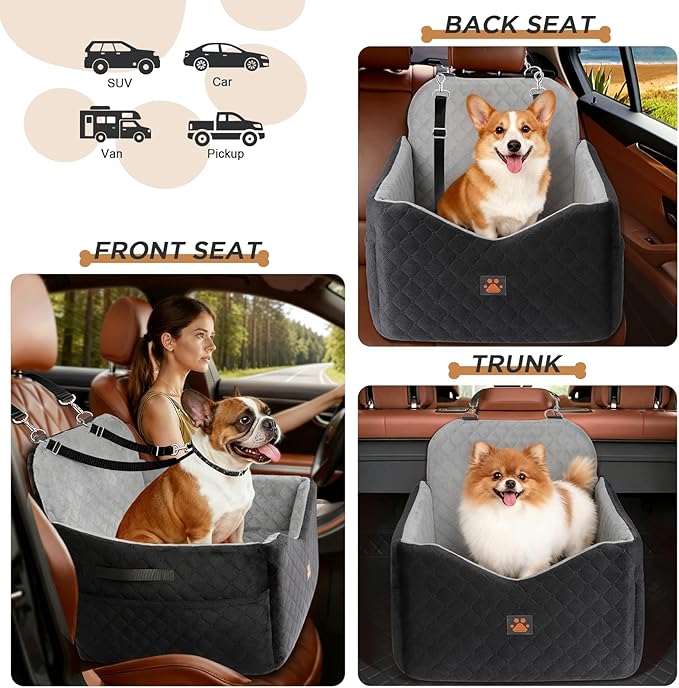 Dog Car Seats for Small/Medium Dogs, Puppy Car Seat with Thick Cushion, Detachable Washable Dog Carseat with Storage Pockets for Dogs Up to 35lbs (Grey)