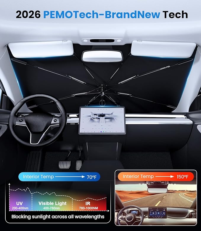 PEMOTech 2026 Upgraded Versatile Car Umbrella Windshield Sun Shade for Four-door sedan and Large | Keep Cool & Protect Interior | Reliable UV Blocker&Heat Shield | Car Window Shades | Medium (57"x32")