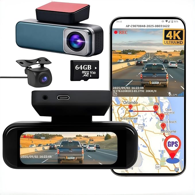 Dash Cam Front and Rear with GPS, 4K+1080P Dash Camera for Cars, 7Track Dual Car Camera with Built-in GPS Tracker, 64GB Card, 3.19" IPS Screen, WiFi, HDR, Night Vision, Parking Mode, Loop Recording