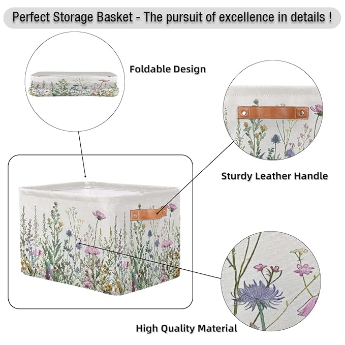 Wildflowers Plants Storage Baskets for Organizing, Fabric Collapsible Storage Bins Box Spring Esthetical Decorative Toy Organizer Baskets for Closet Shelves Gift Basket 2Pcs