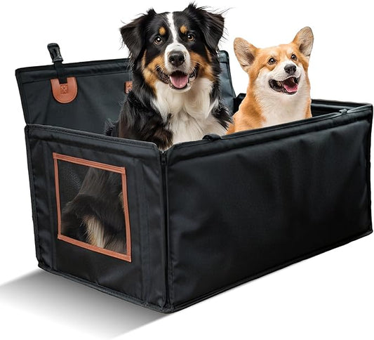 Large Dog Car Seat for Medium Sized Dog or 2 Small Dogs. Waterproof, Mesh Sides with Supporting Rods, Dual Seat Belt, Enclosed, Foldable & Hard Bottom Pet Car Seat. Pet Travel Bed 29.5"X19.7"X19.7"