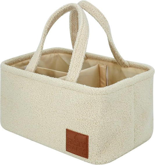 Baby Diaper Caddy Organizer: Soft Beige Teddy Wool - Portable Diaper Caddy, Car Organizer - Newborn Essentials Must Have - Nursery Storage Basket for Baby Essentials. Baby shower & Newborn Gift Idea