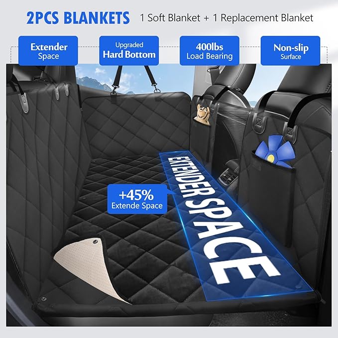 Back Seat Extender for Dogs-Large Space, with Blankets, Hard Bottom Dog Car Seat Cover for Back Seat, Sturdy Backseat Extender for Dogs, Waterproof Dog Hammock for Car, SUV, Truck, Black